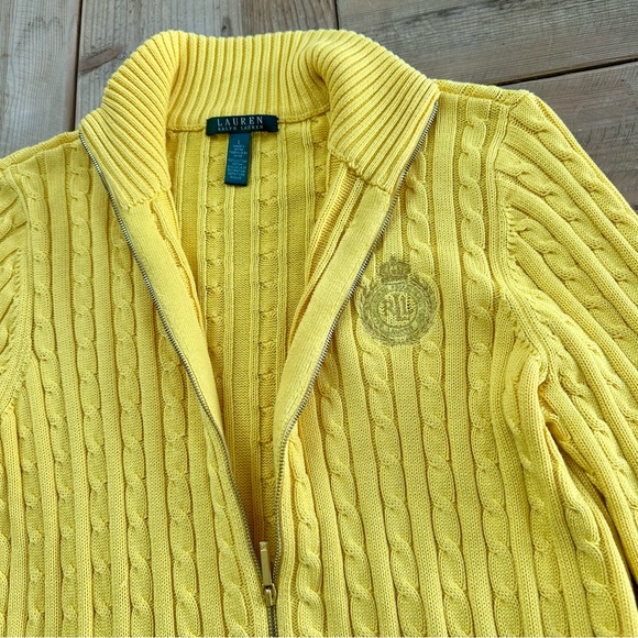 Lauren Ralph Lauren Yellow Zip Front Cable Knit Cardigan Sweater Women’s Sz L - Picture 5 of 13